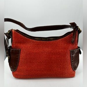 Vintage Fossil Purse Thatch Weave Leather Accents Tote Shopper Bag Red Brown